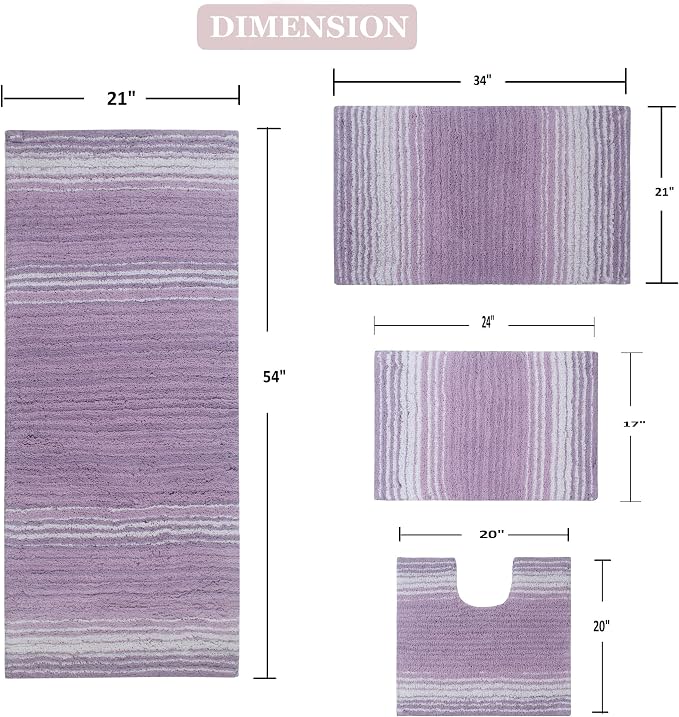 Home Weavers 100% Cotton Gradiation Collection Bathroom Décor | Washable Rug | Bathroom Mat | Kitchen Mat | Bathroom Rug Set | Bath Mat Set | Bath Floor Mat Non Slip, 4 Piece Set with Runner, Purple