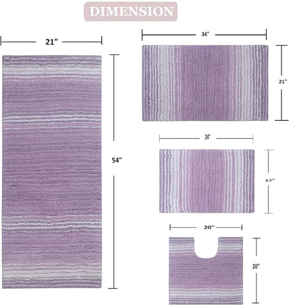 Home Weavers 100% Cotton Gradiation Collection Bathroom Décor | Washable Rug | Bathroom Mat | Kitchen Mat | Bathroom Rug Set | Bath Mat Set | Bath Floor Mat Non Slip, 4 Piece Set with Runner, Purple