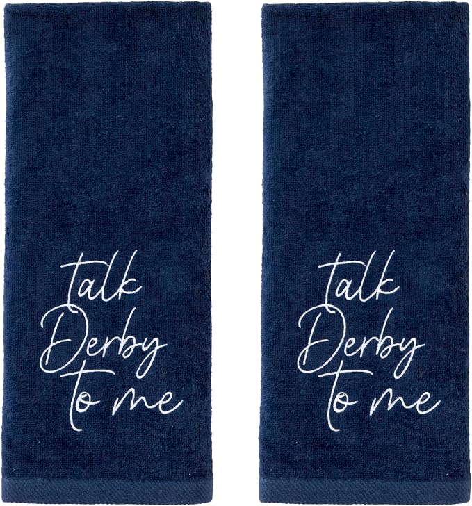SKL Home Talk Derby 100% Cotton Embroidered 2pc Hand Towel Set, Decorative for Bath/Kitchen/Bar & Gift, Navy