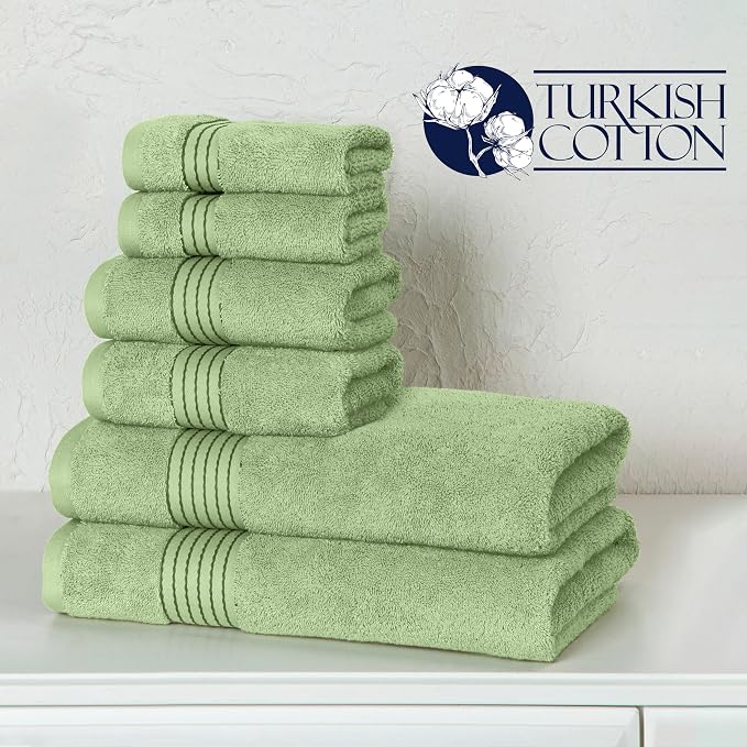 Elegant Comfort Premium Cotton 6-Piece Towel Set, Includes 2 Washcloths, 2 Hand Towels and 2 Bath Towels, 100% Turkish Cotton - Highly Absorbent and Super Soft Towels for Bathroom, Sage