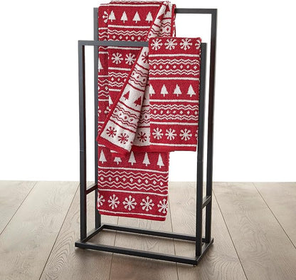 SKL Home Christmas/Winter Fair Isle Bath Towel, 100% Cotton Jacquard, Red | 500 GSM. Soft & absorbent terry with reversible pattern. Great for holiday gifting.