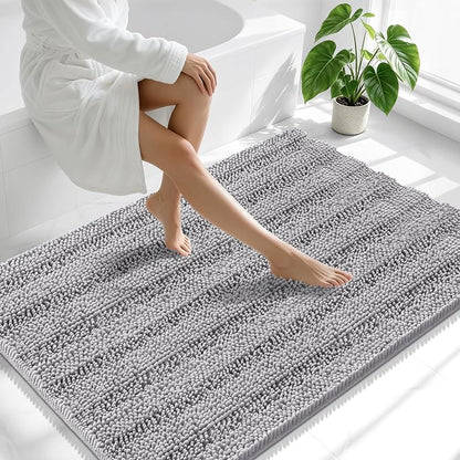 Smiry Thick Chenille Large Bathroom Runner Rugs 47x32, Soft Bath Mat, Grey | Quick‑Dry & Machine Washable, Non‑Slip Bath Carpet, Striped Bath Rugs for Tub & Shower, Modern Home Decor Accessories