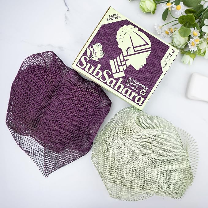 Authentic African Net Sponge, 2 Pack 45-Inch Exfoliating Bath Sponge and Shower Loofah for Body and Back, Colorfast Quick-Dry Knotted Mesh Scrubber with Travel Pouch (Berry & Sage Green)