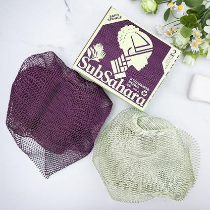 Authentic African Net Sponge, 2 Pack 45-Inch Exfoliating Bath Sponge and Shower Loofah for Body and Back, Colorfast Quick-Dry Knotted Mesh Scrubber with Travel Pouch (Berry & Sage Green)