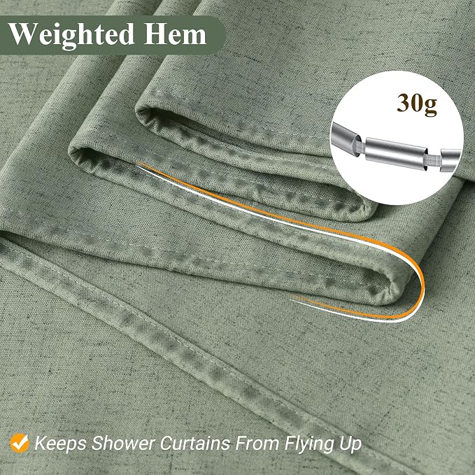 Light Sage Linen Shower Curtain, Country Boho Farmhouse Bath Decor Shower Curtains Neutral Cloth Weighted Textured Fabric Bath Curtain Liner with Hooks, 72x78