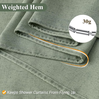 Light Sage Linen Shower Curtain, Country Boho Farmhouse Bath Decor Shower Curtains Neutral Cloth Weighted Textured Fabric Bath Curtain Liner with Hooks, 72x78