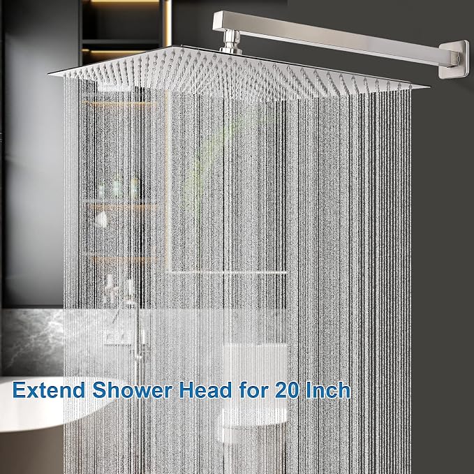 Shower Head with Extension Arm, High Pressure Square with ShowerArm, Stainless Steel Rainfall-Waterfall Full Body Coverage (16'' Shower with 20'' Arm, Brushed Nickel)