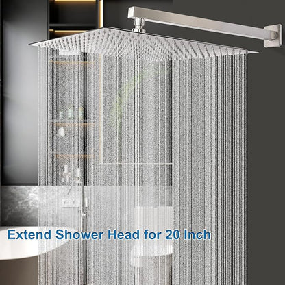 Shower Head with Extension Arm, High Pressure Square with ShowerArm, Stainless Steel Rainfall-Waterfall Full Body Coverage (16'' Shower with 20'' Arm, Brushed Nickel)