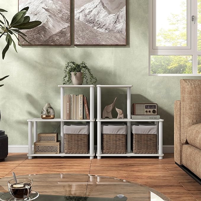 Homes: Inside + Out Apexa Modern 3-Cube Ladder Shelving Units, Collectibles Display Shelves, Easy Assembly Standing Shelf, Home Storage Organizer for Living Room, Bedroom, Office, White