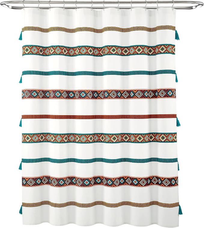 Lush Decor Ava Boho Stripe Tassel Cotton Blend Shower Curtain Single 72" W x 72" L Turquoise & Orange - Striped Shower Curtains for Bathroom Curtain