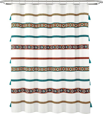 Lush Decor Ava Boho Stripe Tassel Cotton Blend Shower Curtain Single 72" W x 72" L Turquoise & Orange - Striped Shower Curtains for Bathroom Curtain
