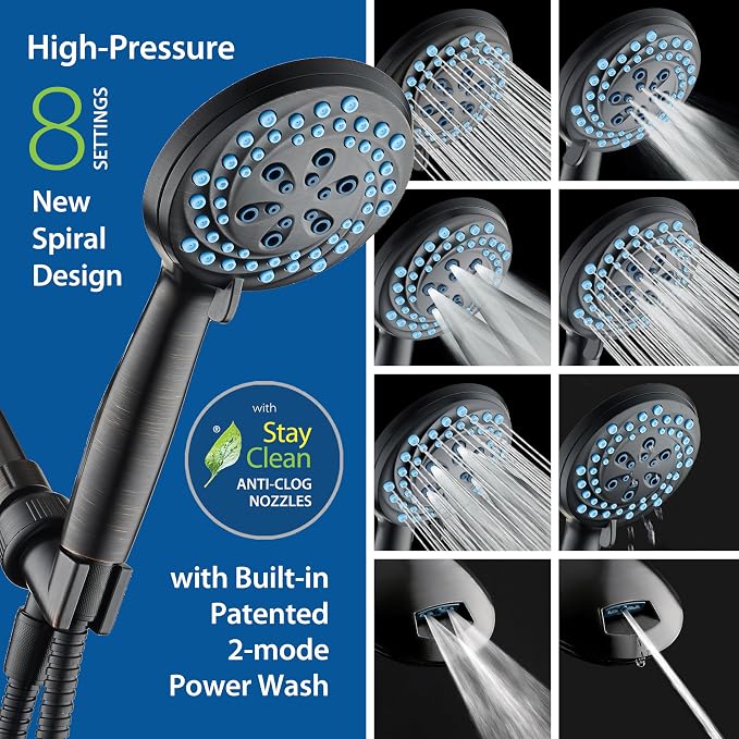 AquaCare New 8-mode High Pressure Handheld Shower Head w/ 2-way Power Wash | Stay Clean Nozzles, Dual Power Wash for Tub, Tile & Pets, Long 6 ft. Stainless Steel Hose, Wall & Overhead Brackets / Bronze