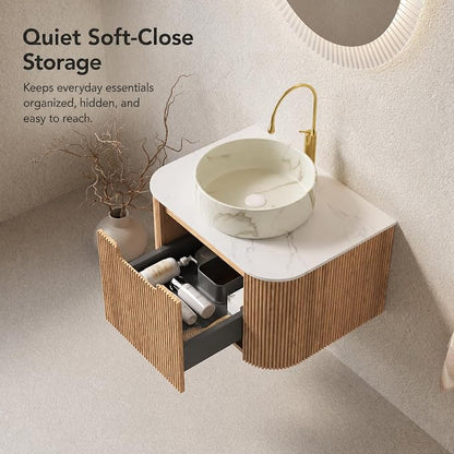 24 Inch Bathroom Vanity with Sink, Floating Wall Mounted Single Sink Vanity for Small Baths, Natural Woodgrain Curved Fluted Front, Stone Top, Marble-Look Round Vessel Basin, Pre-Assembled