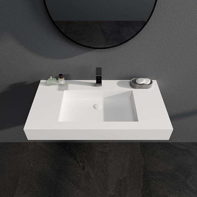 SJ Star&Jane 35" x 19" in Solid Surface Bathroom Sink, Wall-Mount or Countertop Vessel Sink, Rectangle Floating Vanity Sink, Pre-installed Faucet Holes, Durable Modern Design