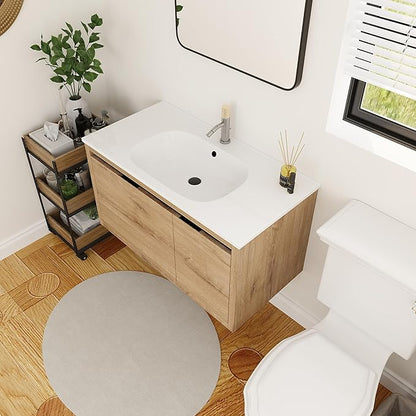 36 Inch Bathroom Vanity with Sink,Wall Mounted Bathroom Vanity Sink Combo w/Soft Close Door&Draw for Large Space,Modern Floating Bathroom Vanity w/Top Basin & Storage Cabinet,Brown