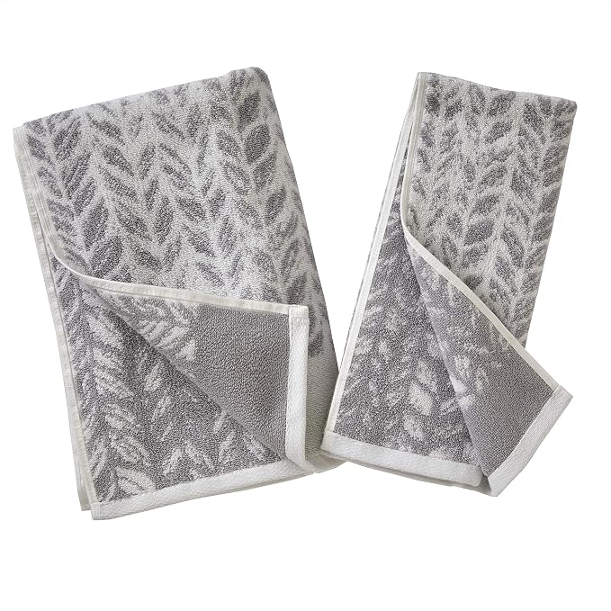 SKL Home Distressed Leaves Han Towel Set-2pc, 100% Turkish Cotton, Gray | 600 GSM weight. Spa-level quality. Soft & absorbent, reversible jacquard. For the bathroom, kitchen, bar or any sink space.