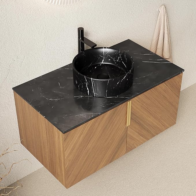 36 Inch Bathroom Vanity with Sink Combo, Floating Vanity Bathroom with Vessel Sink, Modern Bathroom Vanity Cabinet with Doors, Sintered Stone Countertop and Black Round Basin,Brown Oak