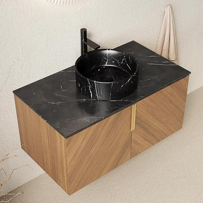 36 Inch Bathroom Vanity with Sink Combo, Floating Vanity Bathroom with Vessel Sink, Modern Bathroom Vanity Cabinet with Doors, Sintered Stone Countertop and Black Round Basin,Brown Oak
