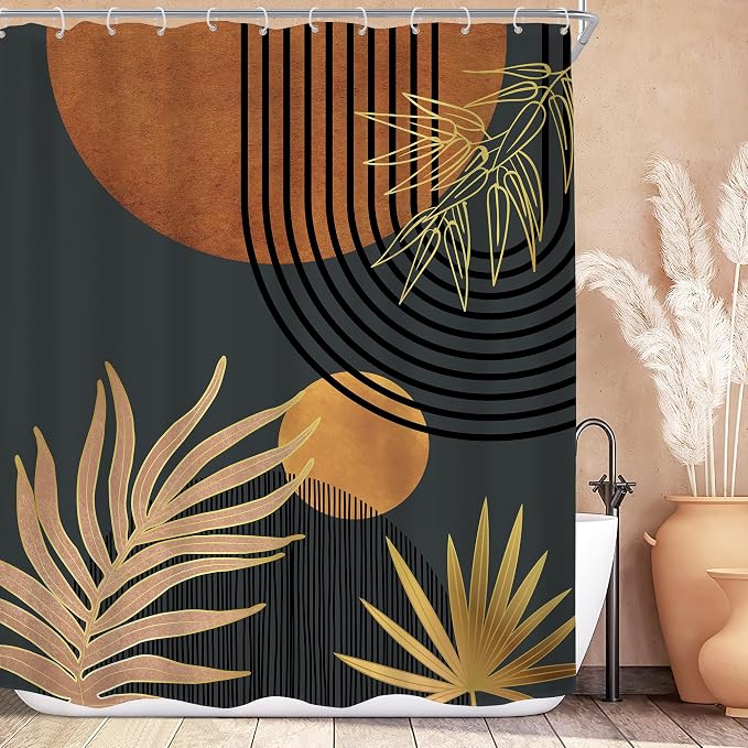 Mid Century Brown Black Boho Abstract Modern Bathroom Shower Curtain Set | 72Wx84L Plant Botanical design, waterproof HD print with fast-drying fabric and 12 hooks.