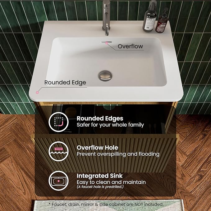 24" Bathroom Vanity with Sink, Modern Floating Vanity with Push Open Soft Close Drawer, Large Storage for Small Space, Hotel, Natural Oak, Fully Assembled - Camellia Collection