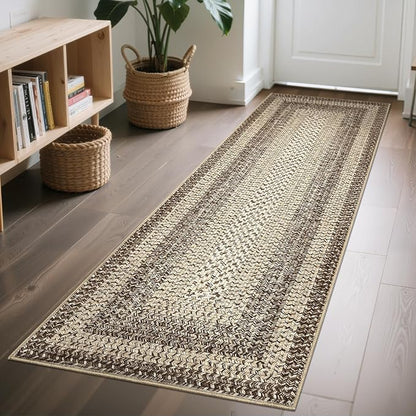 Imitation Braided Collection-Print Hallway Runners 2x10 Washable Area Rug, Farmhouse Rustic Area Rug with Non Slip Backing, Soft Low Pile Indoor Carpet Runners for Entryways, Laundry Room