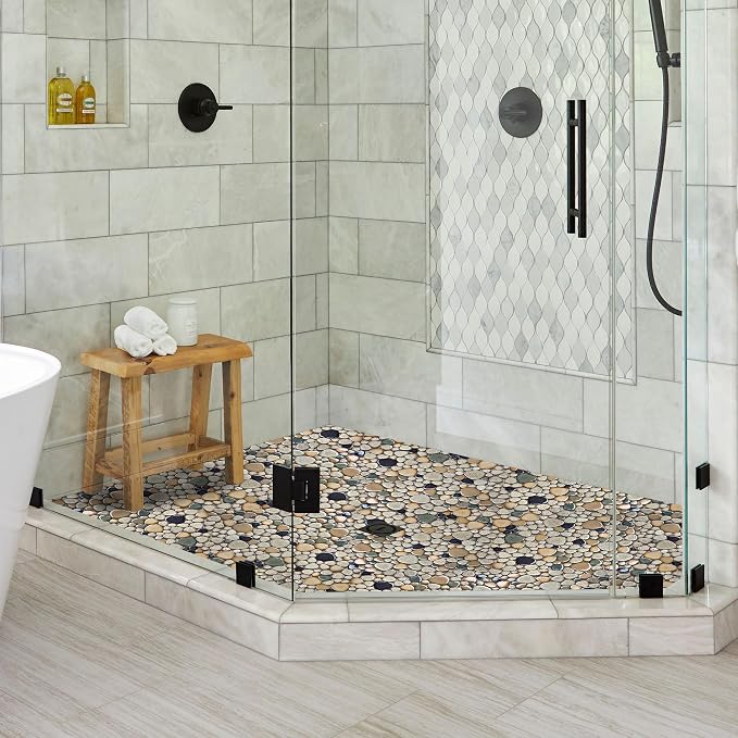 Pebble Stone Mosaic Tiles 5 Sheets, Beige Tan Brown Ceramic Mosaic Sheets Mesh Mounted 12x12, Glazed Porcelain Tile for Shower Floor Kitchen Bathroom Accent Wall Backsplash 【5 Sheets】