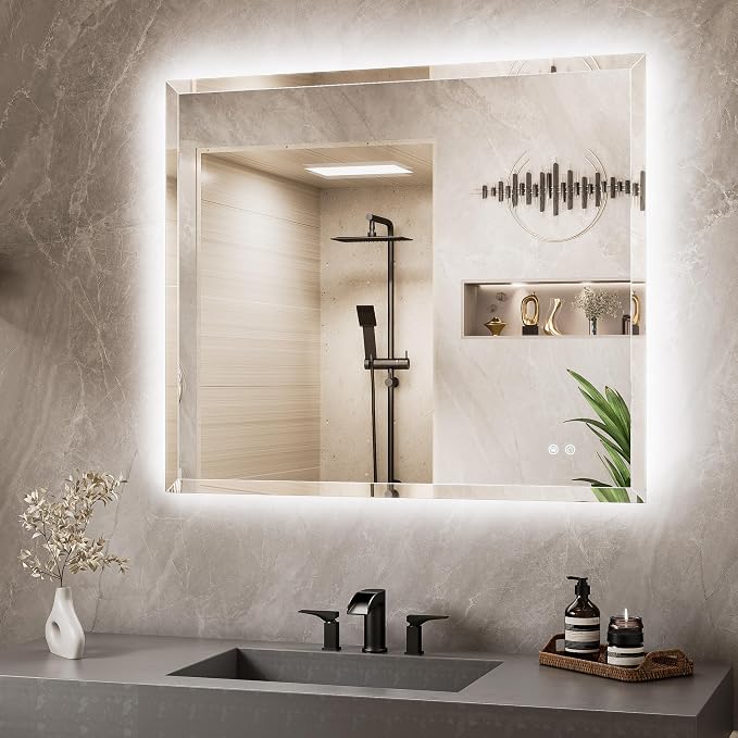 42 x 36 LED Mirror Backlit, Beveled Bathroom Mirror with Backlight, Tempered Glass, 3 Colors Lights, Defogger, Adjustable Brightness, Memory Function, Lighted Mirrors for Bathroom Wall