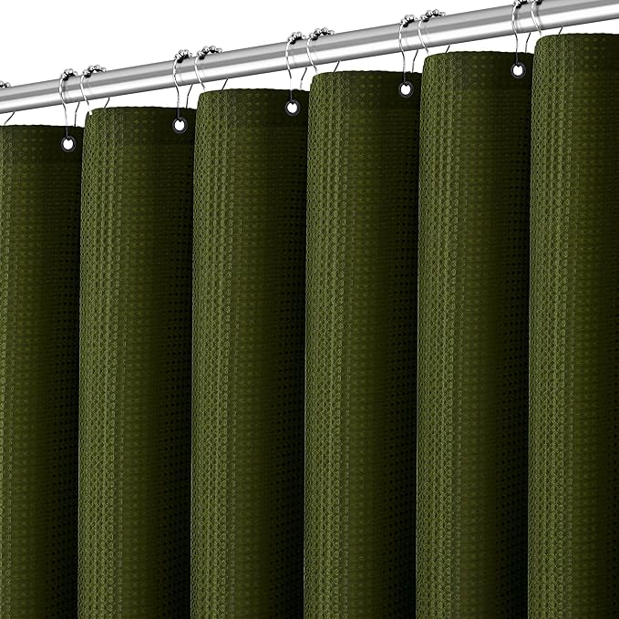 Dark Green Shower Curtain with Waffle Weave Fabric Shower Curtain Waffle Textured Heavy Duty, Hotel Quality Bathroom, 72 x 72 Inches