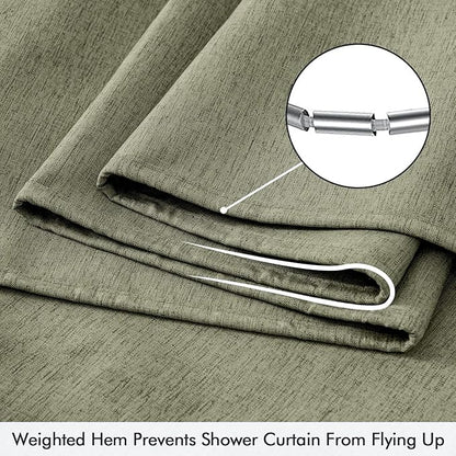 ANRODUO Olive Green Linen Textured Fabric Shower Curtain Set - W60xL72 | Farmhouse Shower Curtain with 10 Metal Hooks, Waterproof Heavy Duty, Button Hole Design, Machine Washable for Bathroom