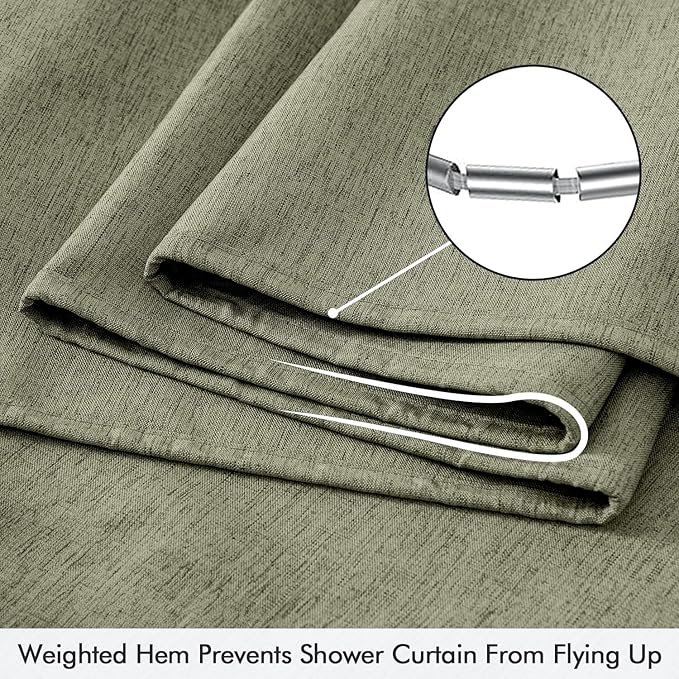 ANRODUO Olive Green Linen Textured Fabric Shower Curtain Set - W72xL74 | Farmhouse Shower Curtain with 12 Metal Hooks, Waterproof Heavy Duty, Button Hole Design, Machine Washable for Bathroom