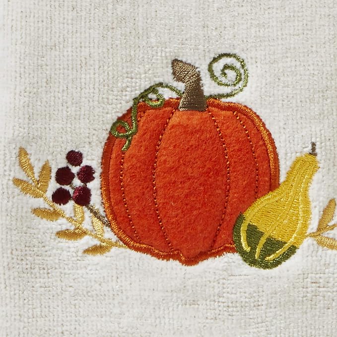 SKL Home by Saturday Knight Ltd. Traditional Pumpkin Hand Towel, Tan | 100% Cotton. Soft & absorbent leaf jacquard with embroidery. Great for the bathroom, kitchen or bar & holiday gifting.