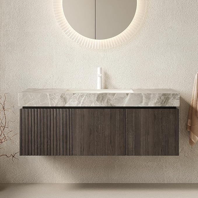 48” Floating Bathroom Vanity with Sink, Wall-Mounted Cabinet with Drawer & Doors, Gray Travertine-Pattern Sintered Stone Top, Undermount Basin, Single Faucet Hole, Soft-Close, Pre-Assembled, Dark Oak