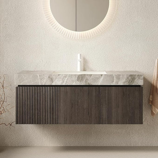 48” Floating Bathroom Vanity with Sink, Wall-Mounted Cabinet with Drawer & Doors, Gray Travertine-Pattern Sintered Stone Top, Undermount Basin, Single Faucet Hole, Soft-Close, Pre-Assembled, Dark Oak
