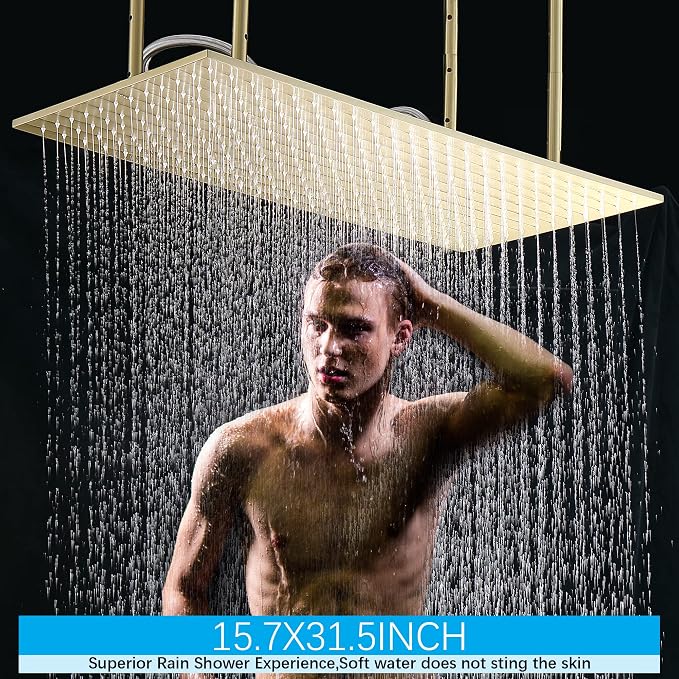 Brushed Gold Rain Shower System Thermostatic Bathroom Faucet Set 16X32 Inch Ceiling Mount Shower Head Set Complete With Thermostatic Control Valve Use All In One