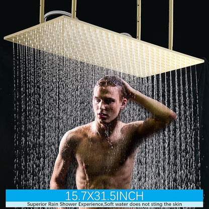 Brushed Gold Rain Shower System Thermostatic Bathroom Faucet Set 16X32 Inch Ceiling Mount Shower Head Set Complete With Thermostatic Control Valve Use All In One