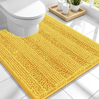 Smiry Thick Chenille Toilet Rugs U-Shaped 24x20, Absorbent Bath Mat, Yellow | Soft Striped Contour Bathroom Rugs, Machine Washable, Dry Quickly, Non‑Slip, Modern Home Decor Accessories