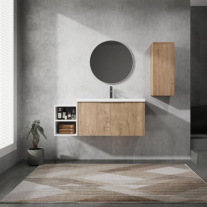 Henf 48" Floating Bathroom Vanity with Sink for Compact Space, Brown Wall Mount Bathroom Vanity Cabinet with Sink Combo, 48 Inch Bathroom Vanities Set with Open Storage Shelf & Side Cabinet
