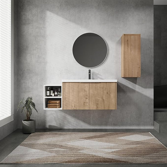 Henf 48" Floating Bathroom Vanity with Sink for Compact Space, Brown Wall Mount Bathroom Vanity Cabinet with Sink Combo, 48 Inch Bathroom Vanities Set with Open Storage Shelf & Side Cabinet