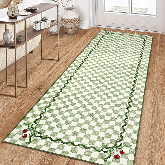 Garvee Washable Runner Rug 2x6 Non Slip, Sage Green Checkered Cherry | Coquette Aesthetic Decor Kitchen Rugs Low Pile Entryway Rug Soft Stain Resistant Carpet for Bedroom Bathroom Hallway Laundry