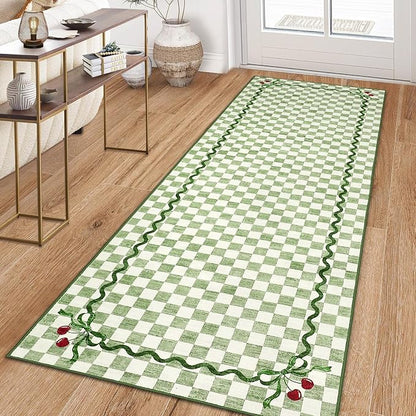 Garvee Washable Runner Rug 2x6 Non Slip, Sage Green Checkered Cherry | Coquette Aesthetic Decor Kitchen Rugs Low Pile Entryway Rug Soft Stain Resistant Carpet for Bedroom Bathroom Hallway Laundry