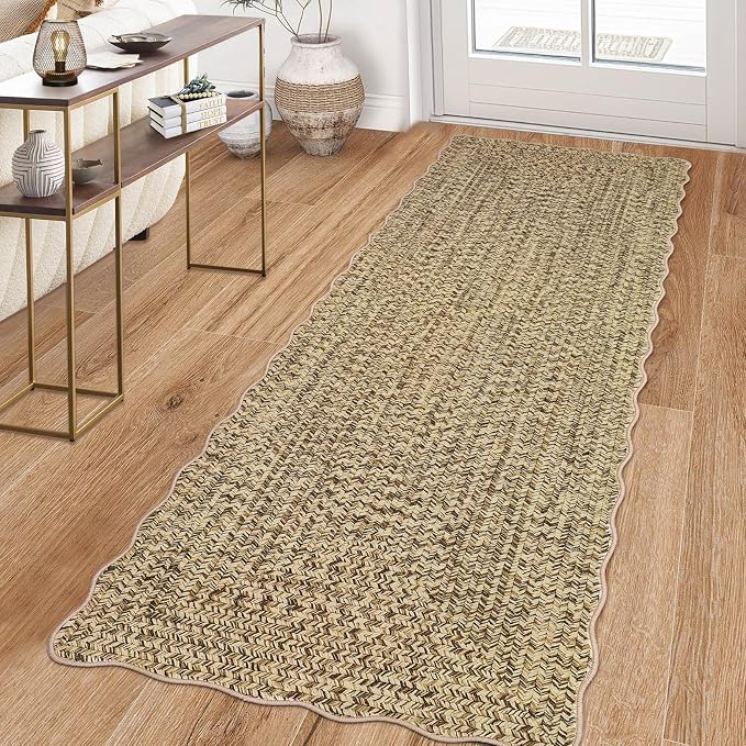 Imitation Braided Collection-Print Hallway Runner Rug 2x6 Non Slip Washable Area Rug, Soft Low Pile Farmhouse Rustic Carpet Foldable Indoor Mat for Laundry Room, Kitchen, Bedroom - Natural