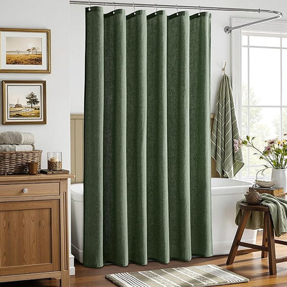 Extra Long Linen Shower Curtain for Bathroom 84 Inch Olive Green | Weighted Tall XL Bath Curtain with Hooks, Water Repellent, Neutral Boho Farmhouse, Simple Luxury Shower Decor, 1 Panel, 72x84