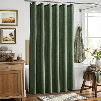 Extra Long Linen Shower Curtain for Bathroom 96 Inch Olive Green | 8ft Ceiling to Floor Weighted Bath Curtains Set with Hook, Neutral Boho Farmhouse, Simple Luxury Shower Decor, 1 Panel, 72x96