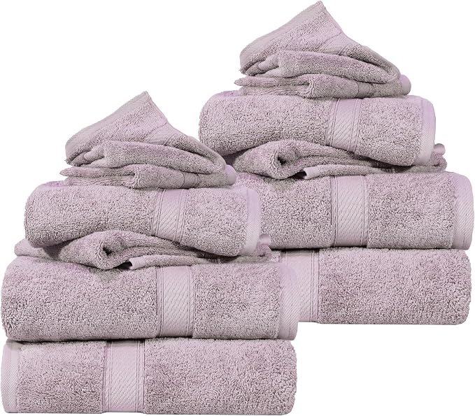 SUPERIOR Egyptian Cotton Ultra Plush & Absorbent, 12 Piece Set, Purple | Heavyweight 12 Pc Egyptian Cotton Towel Set Includes 4 Bath Towels 4 Hand Towels 4 Washcloths Decorative Rope Border