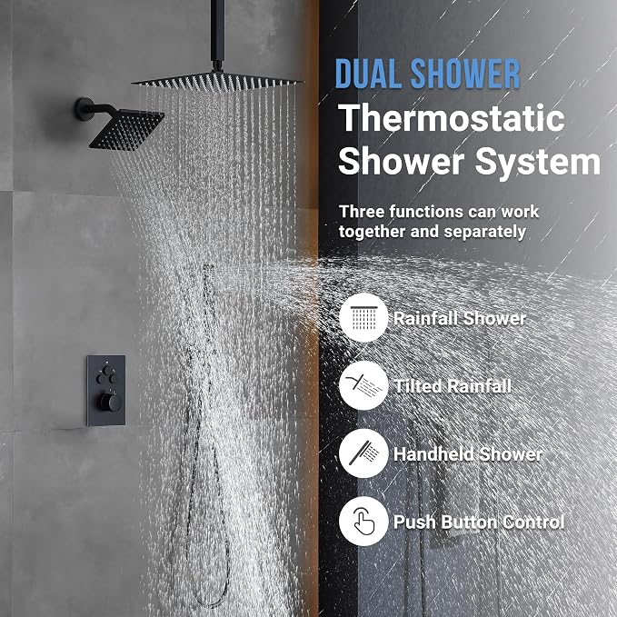 Thermostatic Dual Shower Head System, Matte Black Shower Faucet | 12 Inch Ceiling Rainfall Shower, 6 Inch Wall Mount Head, High Pressure Handheld Sprayer, Push Button Valve