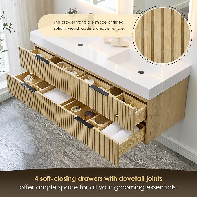 60 Inch Floating Sink Bathroom Vanity Wall Mount Double Vanities with Top | Pre-Assembled, Sturdy Solid Wood, Modern Vanity, Ceramic Sink, Large Storage Cabinet, Soft Closing Doors, Dovetail Drawers