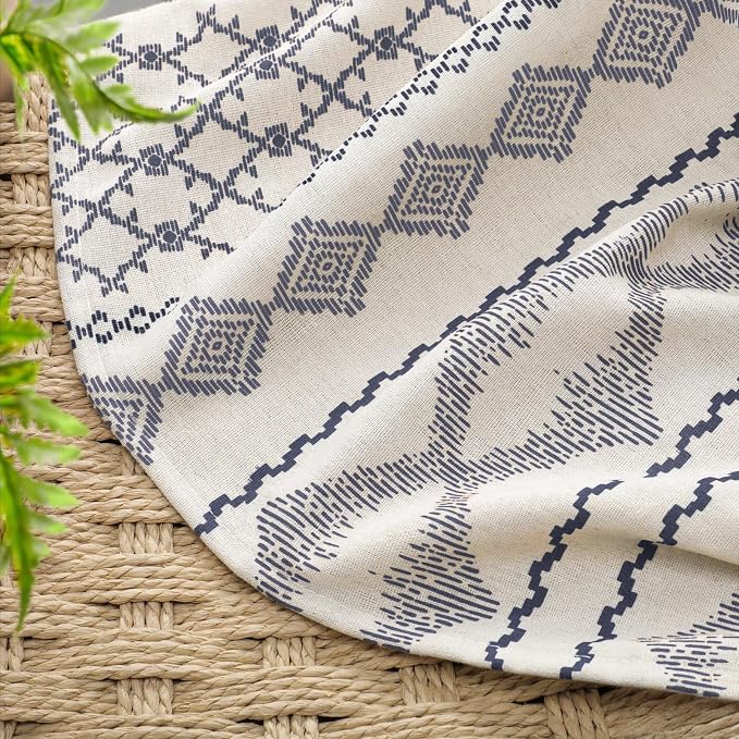 Navy Blue Shower Curtain,Boho Linen Fabric for Bathroom with Striped Print,72" W x 72" L