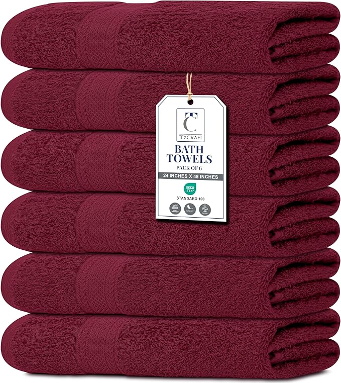 Premium Bath Towel Set - 24 x 48 Pack of 6 100% Cotton Terry Towels for Bathroom - Quick Dry - Highly Absorbent - Soft Feel - Pool - Spa - Gym - Hand Towel for Daily Use - Burgundy