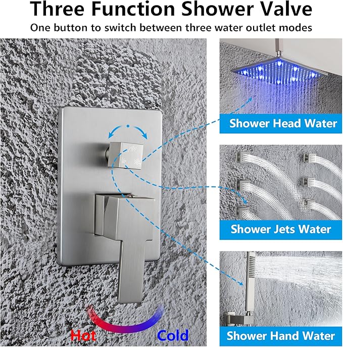SKOWLL Brushed Nickel Shower Faucet Set Ceiling Mount 12 Inch LED Rainfall Shower Head with Body Jet Complete, Bathroom Shower System with Handheld, Pressured Balance Rough-in Valve