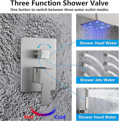 SKOWLL Brushed Nickel Shower Faucet Set Ceiling Mount 12 Inch LED Rainfall Shower Head with Body Jet Complete, Bathroom Shower System with Handheld, Pressured Balance Rough-in Valve